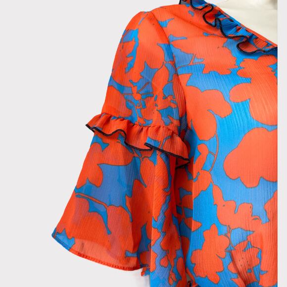 H&M Pleated Chiffon Floral Dress with Fringe Details, Size 2, Red/Blue - Picture 7 of 13